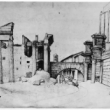 Veduta del Foro di Nerva alla fine del XV secolo, con le Colonnacce, l’Arco detto “di Noè” e le rovine del Tempio di Minerva. A destra si riconosce la Torre dei Conti (Codice Escurialense)
