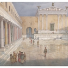 Veduta ricostruttiva del Foro di Cesare e del Tempio di Venere Genitrice all’inizio del IV secolo