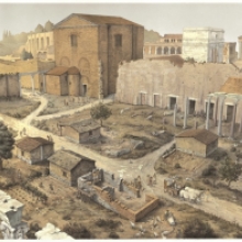 Veduta ricostruttiva del Foro di Cesare nel X secolo. In primo piano: le case e i terrenI coltivati. Sullo sfondo, a sinistra, la Curia trasformata nella chiesa di Sant’Adriano