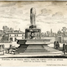 La fontana nella sua originaria collocazione in piazza del Popolo nell’incisione di G.B. Falda, metà del XVII secolo