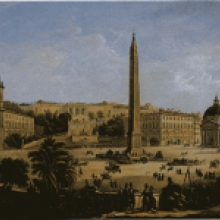 La piazza dopo la sistemazione del Valadier nel dipinto di  M. Pacetti, Piazza del Popolo, 1853, olio su tela, Roma, Museo di Roma