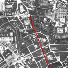 Il Quartiere Alessandrino nella Pianta di Roma di Giovan Battista Nolli – 1748. La linea rossa indica Via Aleassandrina