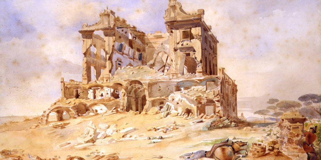 particolare del Casino dei Quattro Venti in villa Doria Pamphilj, dopo i bombardamenti (Galleria Apolloni)